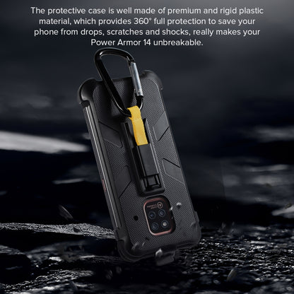 Black rugged phone case with hinged flap and attached yellow carabiner strap