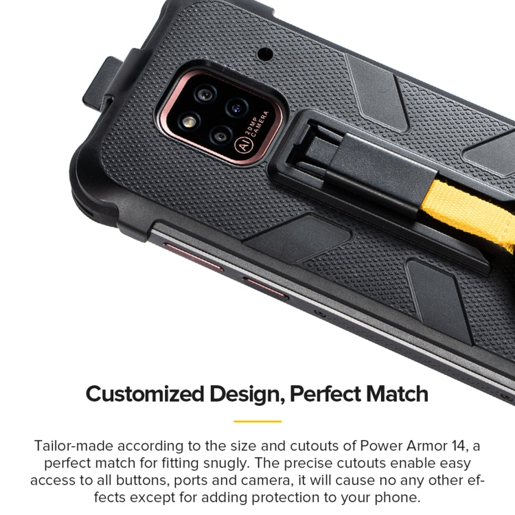 Black rugged phone case with camera guard and yellow back-clip attachment