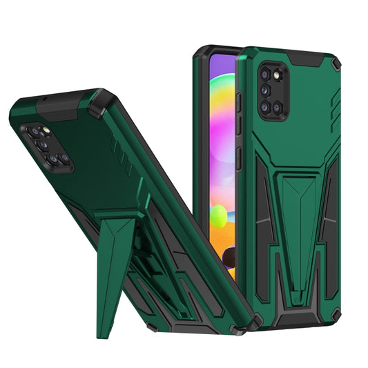 Dark green rugged phone case with black TPU bumper and raised camera cutouts