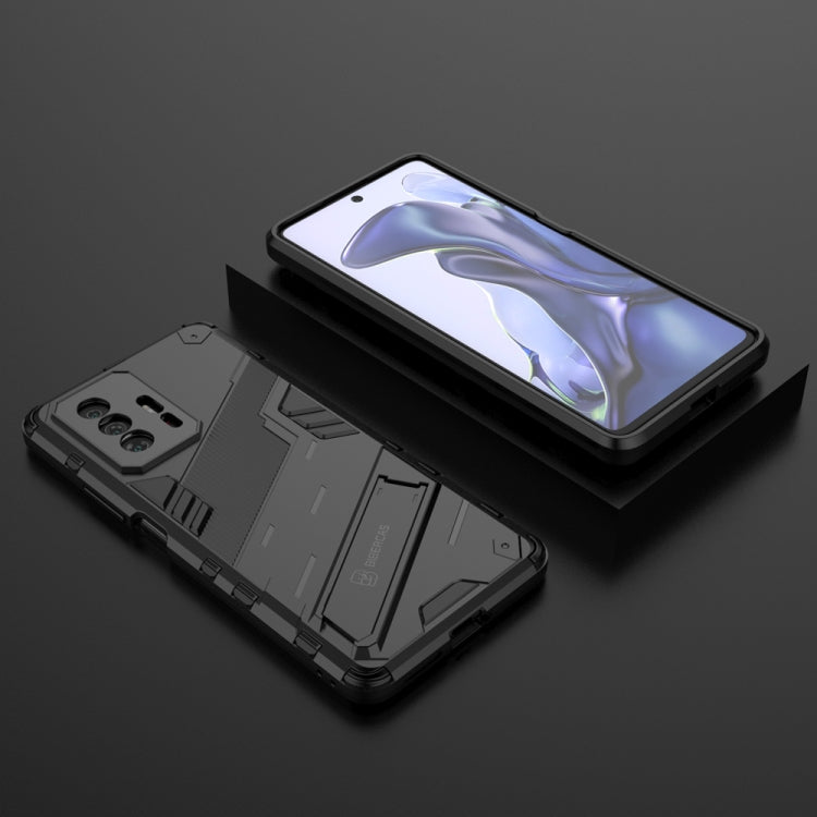 Black rugged phone case with TPU bumper and kickstand support detail