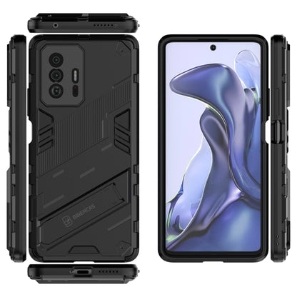 Black rugged 2-piece phone case with kickstand and camera cutouts
