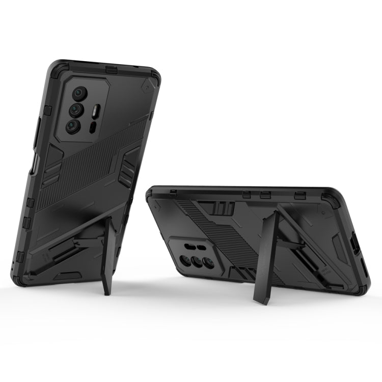 Black rugged phone case with built-in kickstand in open viewing position