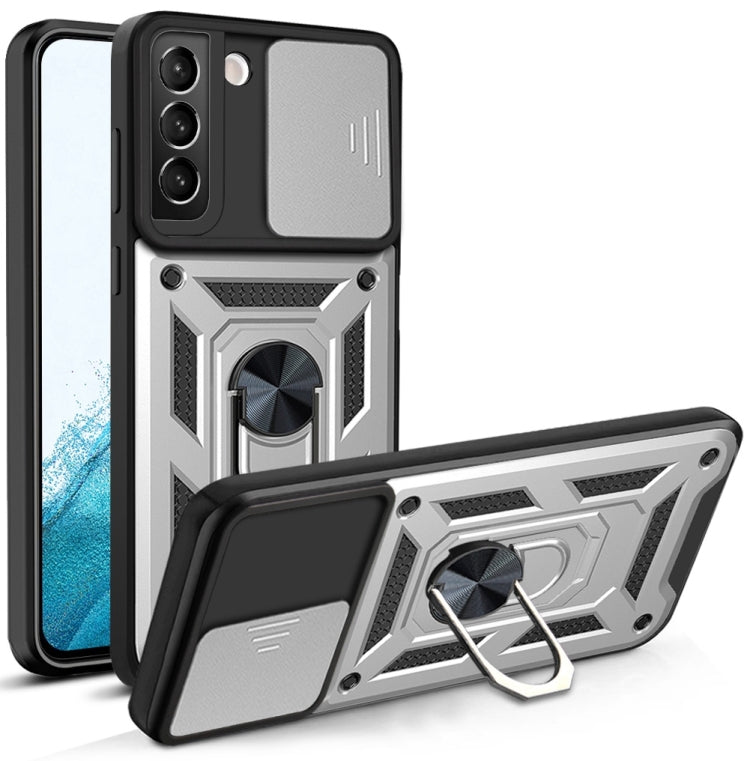 Gray phone case with sliding camera cover and ring kickstand