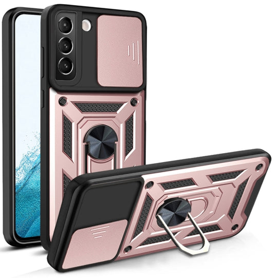 Rose gold and black phone case with sliding camera cover and ring kickstand
