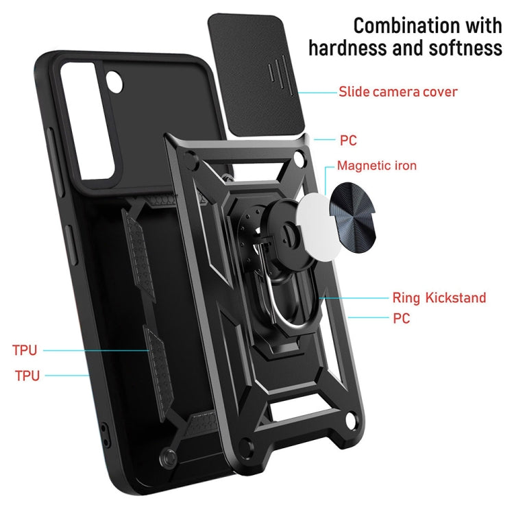 Black phone case with sliding camera cover and built-in kickstand