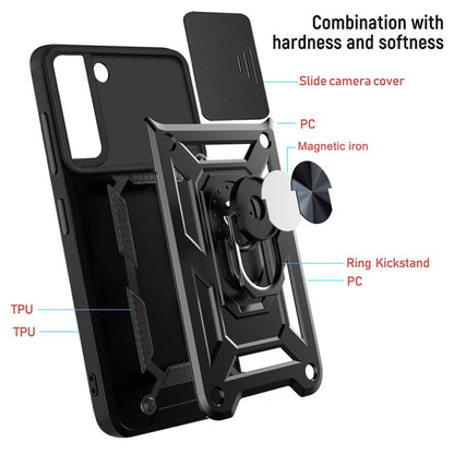 Black phone case with sliding camera cover and built-in kickstand