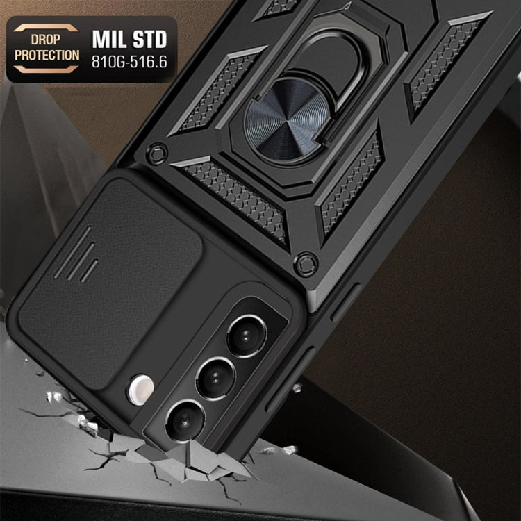 Black phone case with textured armor design and sliding camera cover