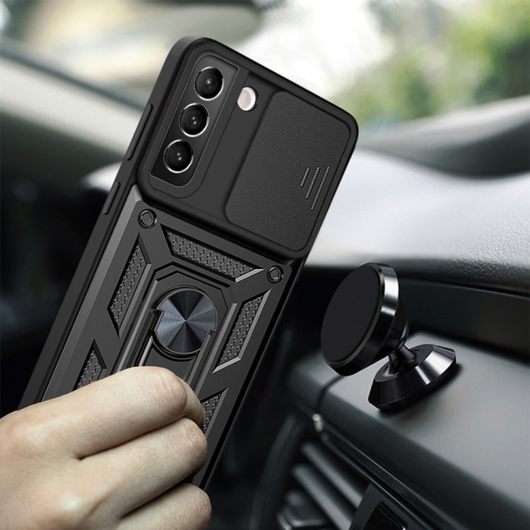 Black phone case with sliding camera cover and ring kickstand for driving