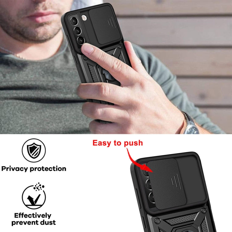 Black phone case with sliding camera cover and push-to-open back panel