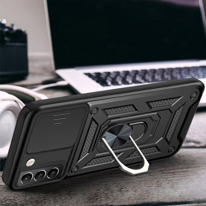 Black phone case with sliding camera cover and ring kickstand