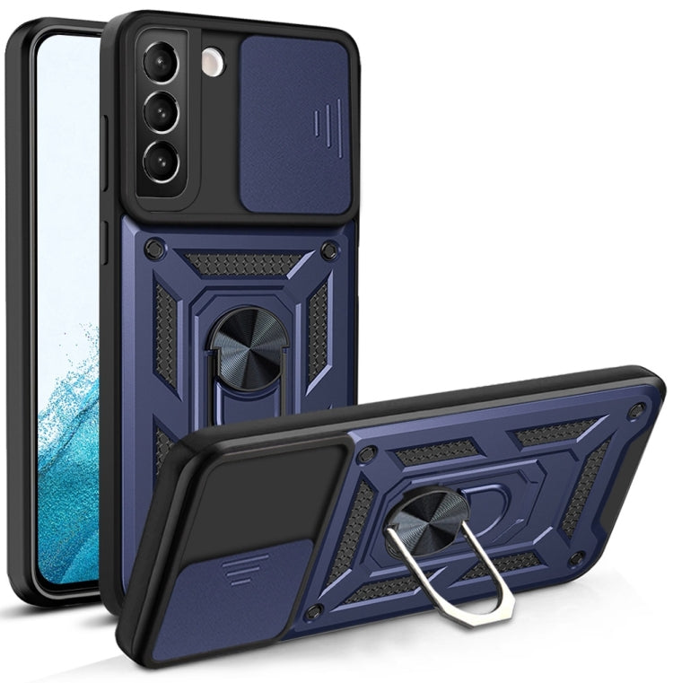 Protective phone case with sliding camera cover, blue and black with kickstand