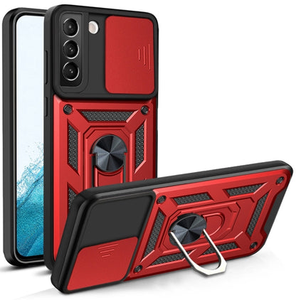 Protective phone case with sliding camera cover, red and black with kickstand