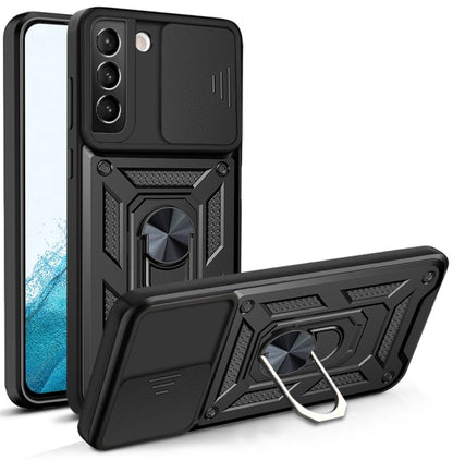 Black phone case with sliding camera cover and ring kickstand
