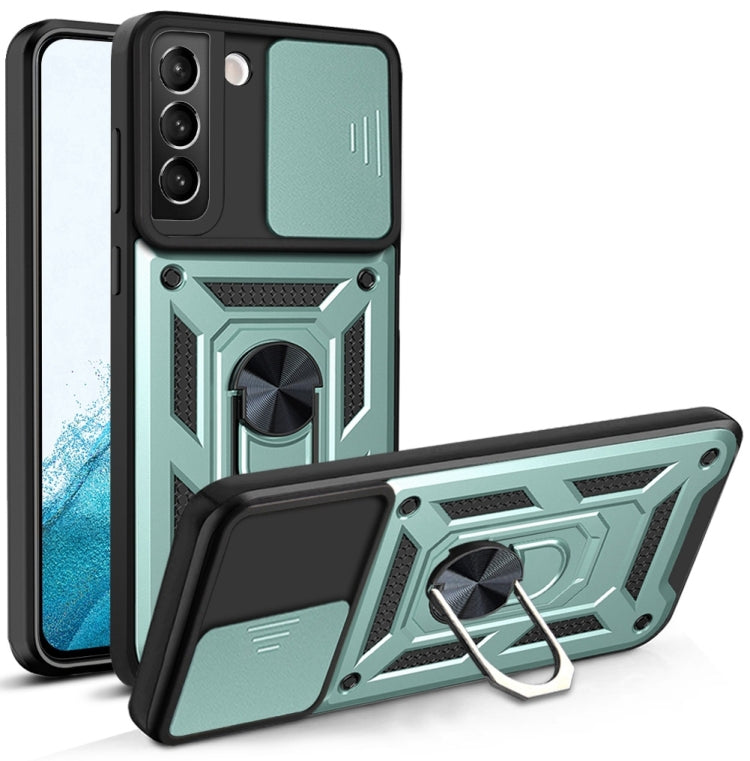 Phone protective case with sliding camera cover, green and black, kickstand ring holder