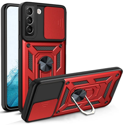 Protective phone case with sliding camera cover, red and black with kickstand