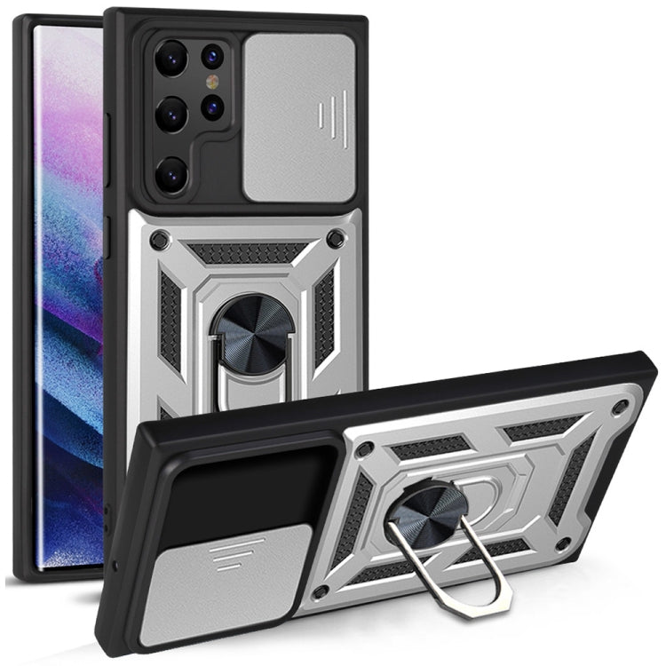 Protective phone case with sliding camera cover, gray and black with kickstand