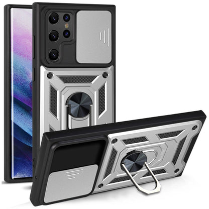 Protective phone case with sliding camera cover, gray and black with kickstand