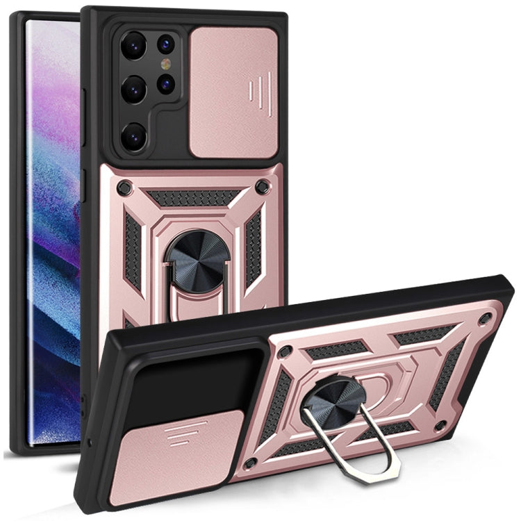 Protective phone case with sliding camera cover, rose gold and black with kickstand