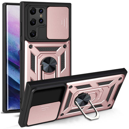 Protective phone case with sliding camera cover, rose gold and black with kickstand