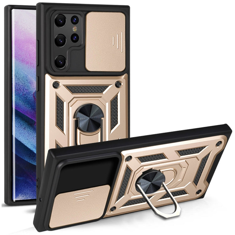 Phone protective case with sliding camera cover, beige and black, kickstand ring holder