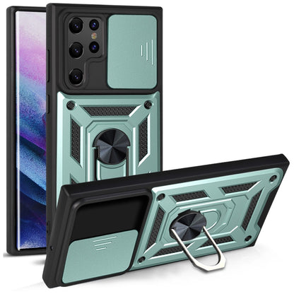 Phone protective case with sliding camera cover, light teal and black, kickstand ring holder