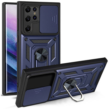 Phone protective case with sliding camera cover, navy blue and black, kickstand ring holder