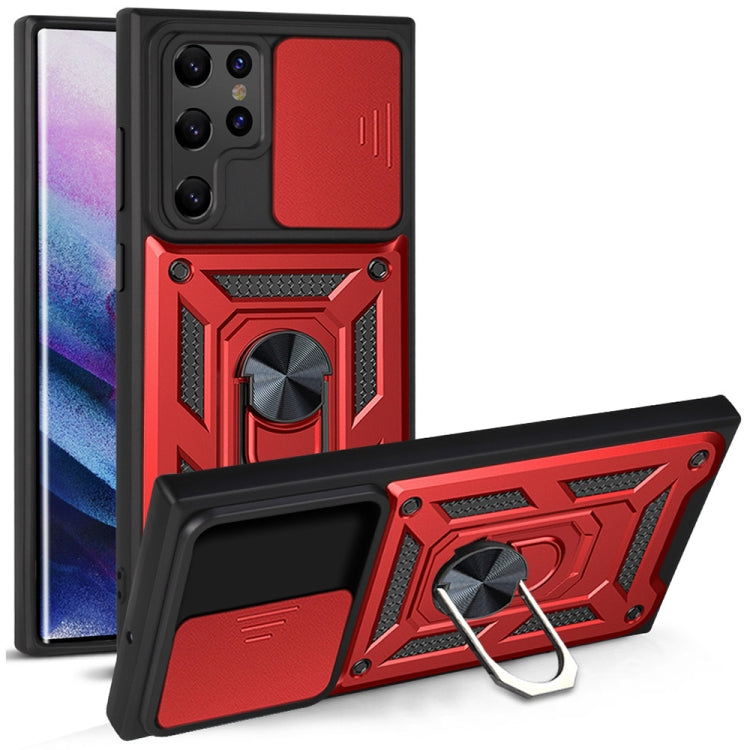 Phone protective case with sliding camera cover, red and black, kickstand ring holder