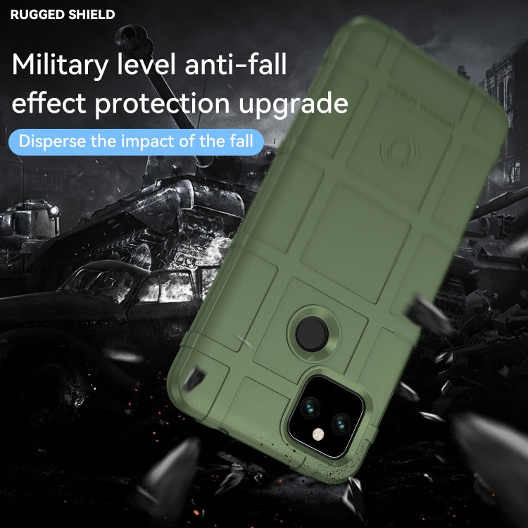Green rugged TPU phone case with raised camera guard and shock-absorbing bumper edges