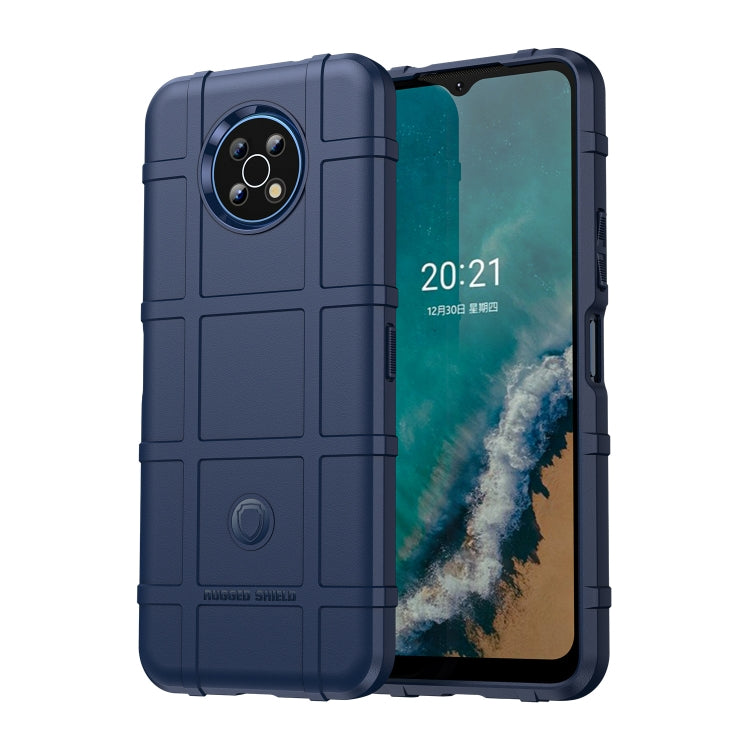 Shockproof TPU phone case in dark blue with raised corners and camera protection