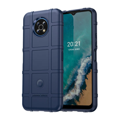 Shockproof TPU phone case in dark blue with raised corners and camera protection