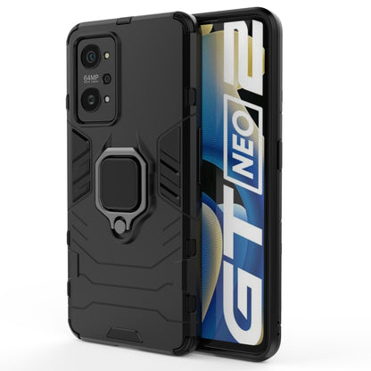 Shockproof black phone case with TPU bumper, PC back, and magnetic ring holder