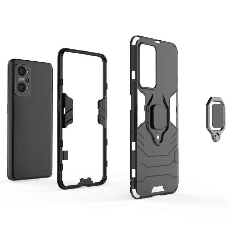 Shockproof black phone case with magnetic ring holder, open front and back views