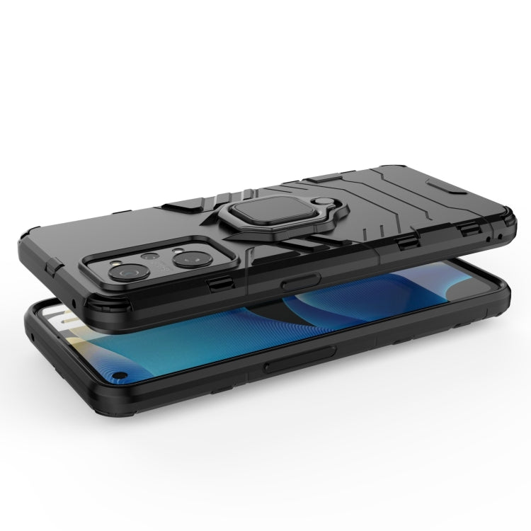 Shockproof black phone case with raised screen and camera protection, magnetic ring