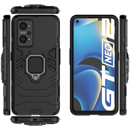 Shockproof black phone case set with magnetic ring holder; front and back views