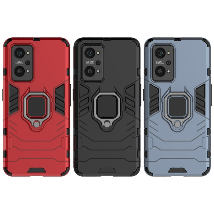 Shockproof phone cases in red, black, and blue with magnetic ring holder and TPU bumper