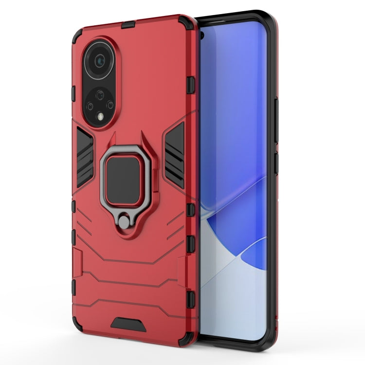 Shockproof red phone case with magnetic ring holder and camera cutouts, phone shown