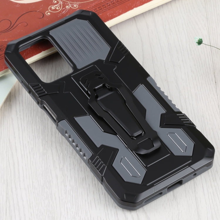 Rugged shockproof phone case in black with raised armor texture and side grip rails