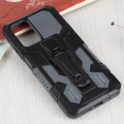 Rugged shockproof phone case in black with raised armor texture and side grip rails