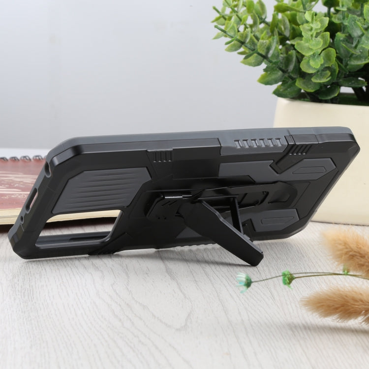 Shockproof phone case with kickstand, black with textured panels and side cutouts
