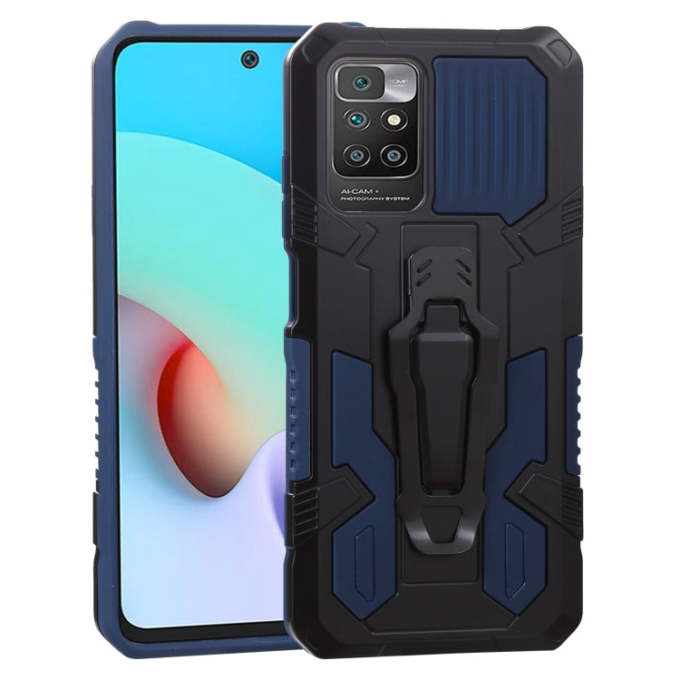 Shockproof protective phone case with rugged black armor and blue panel