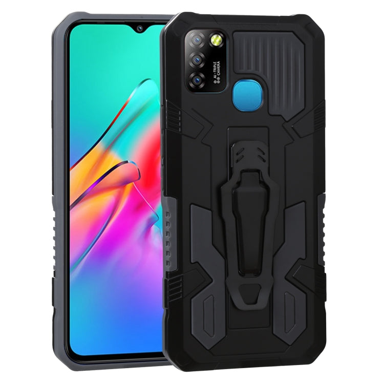 Rugged shockproof phone case, black with blue accent panel and raised armor grip
