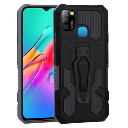 Rugged shockproof phone case, black with blue accent panel and raised armor grip