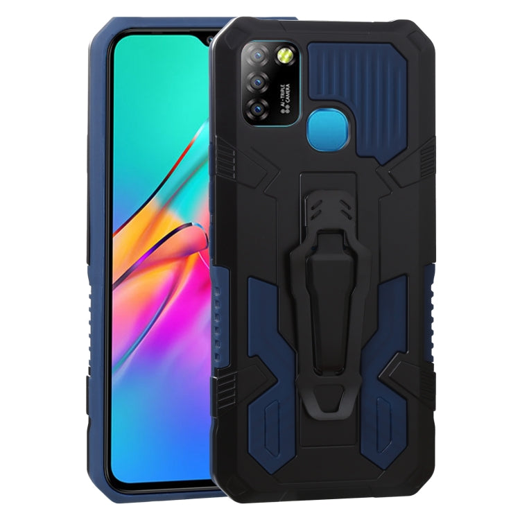 Shockproof protective phone case with rugged black armor and blue side panel