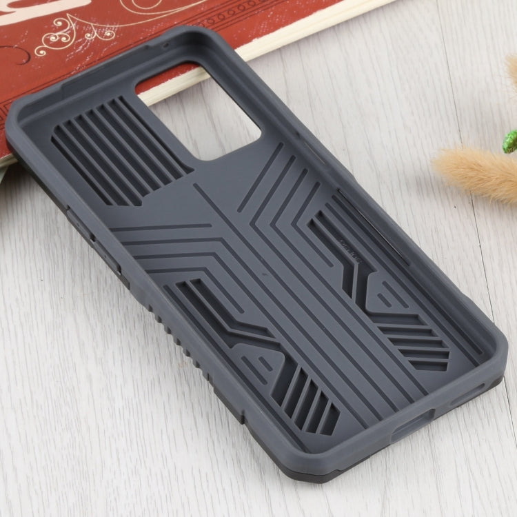 Rugged dark gray phone case with raised ventilation pattern, shockproof TPU/PC