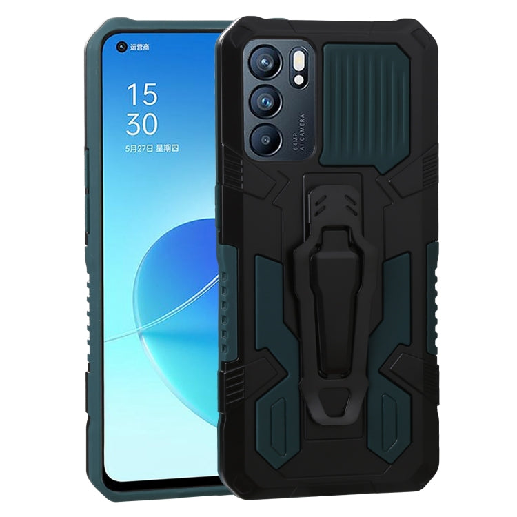 Rugged shockproof phone case for OPPO Reno6, green accent PC+TPU armor shell