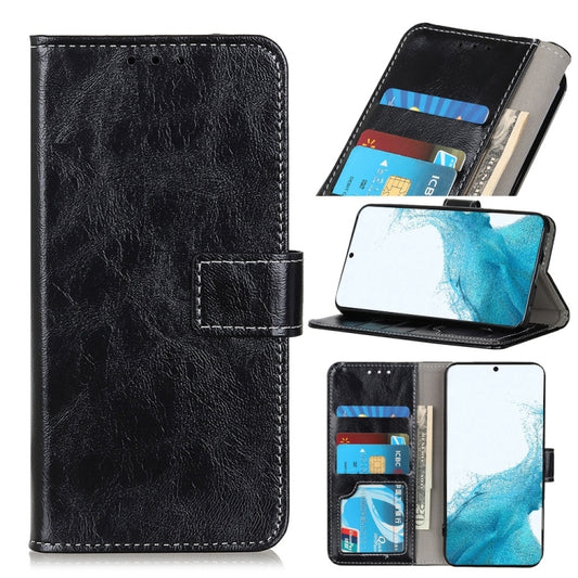 Black retro leather flip phone case with card slots, photo window, and kickstand