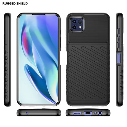 Black shockproof TPU phone case, front back and side views with port openings