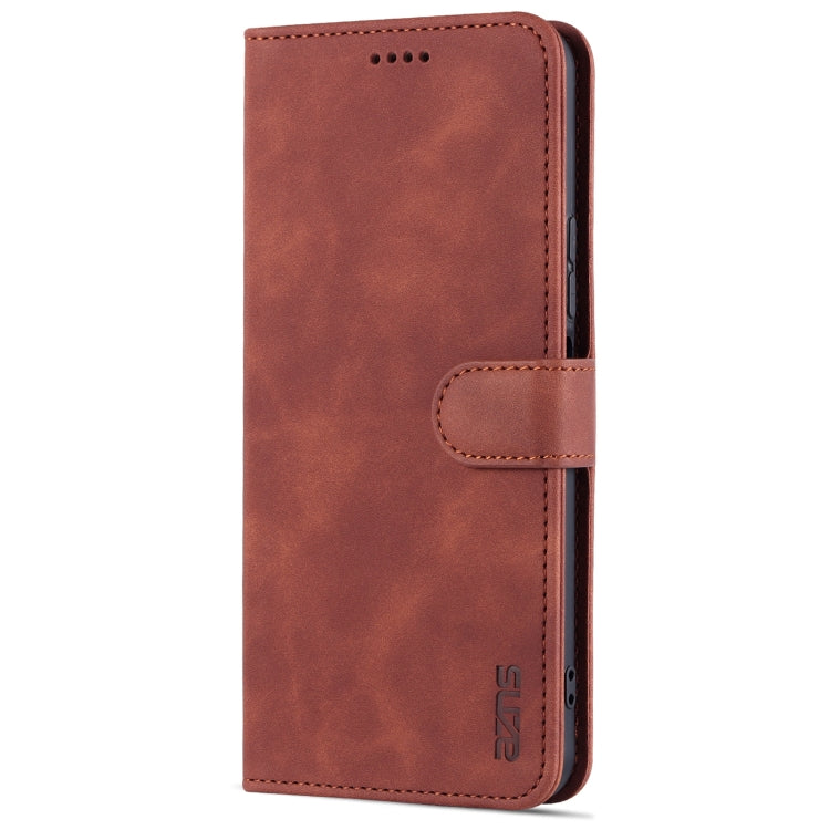 Brown leather flip phone case with side card pocket and stitched edges