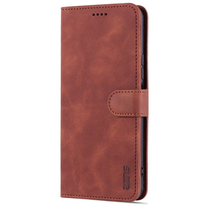 Brown leather flip phone case with side card pocket and stitched edges