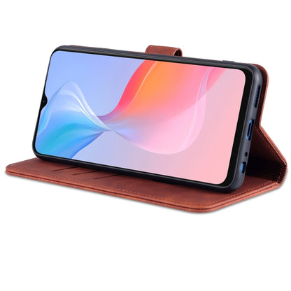 Brown leather flip phone case with stand position and exposed side buttons